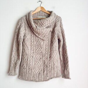 Aran Mor Oatmeal Beige Asymmetrical Wrap Merino Wool Cardigan M